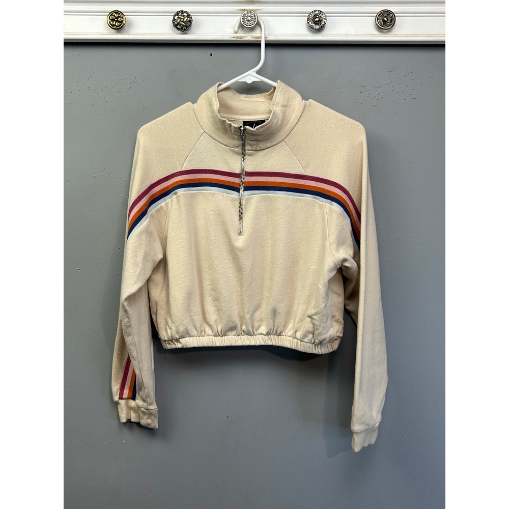 PS / LA Sweatshirt Womens Medium Cream Rainbow Stripe Cropped Quarter Zip Mock